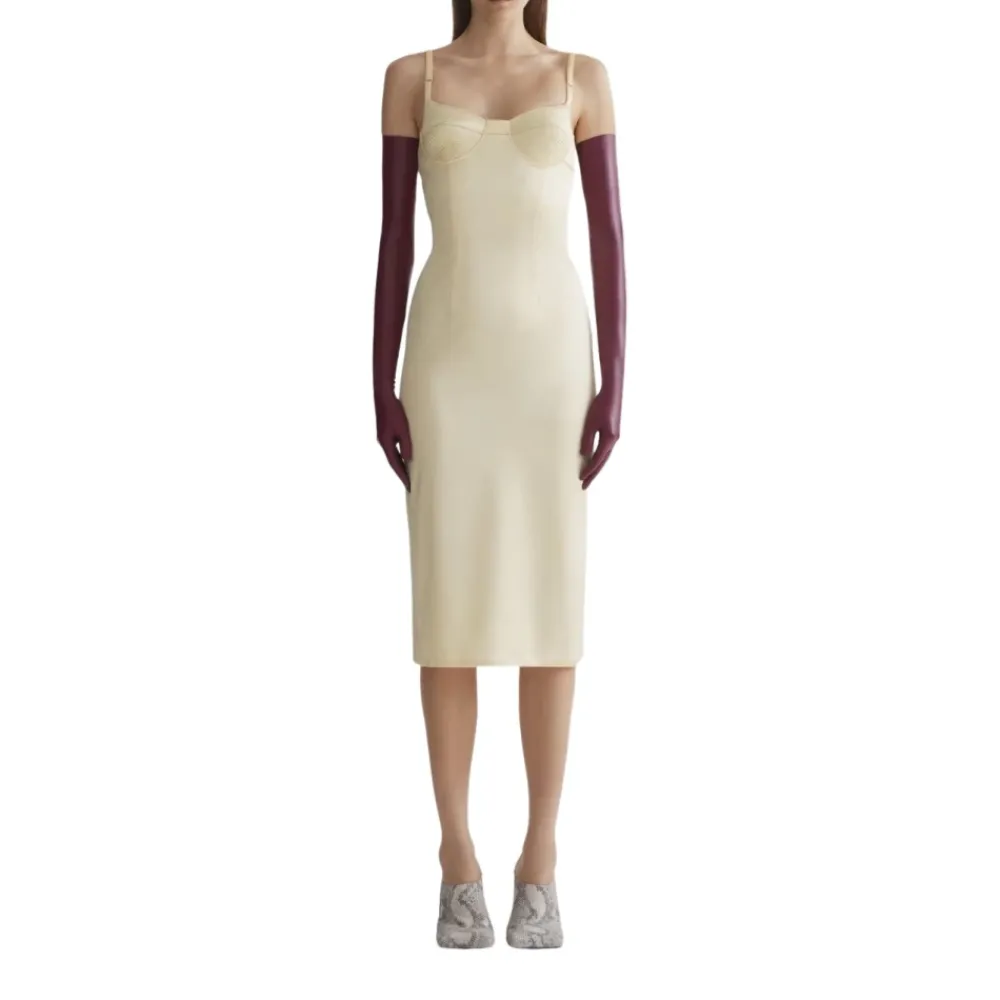 Kjoler<Mugler Ribbed Bodice Midi Dress Beige