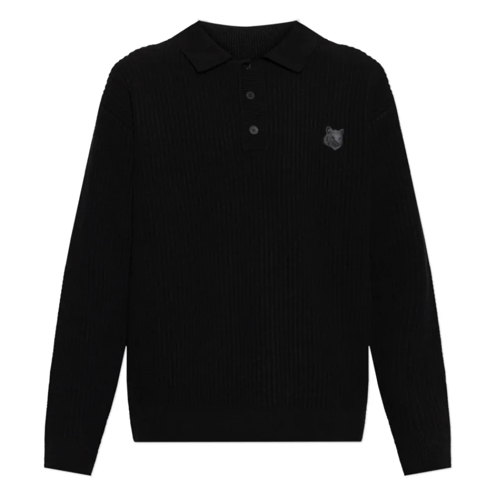 Strik<Maison Kitsuné Ribstrikket sweater med logo Sort