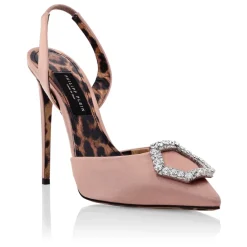 Pumps|Stiletter^Philipp Plein Satin Decollete Slingback Hi-Heels Crystal Hexagon Beige