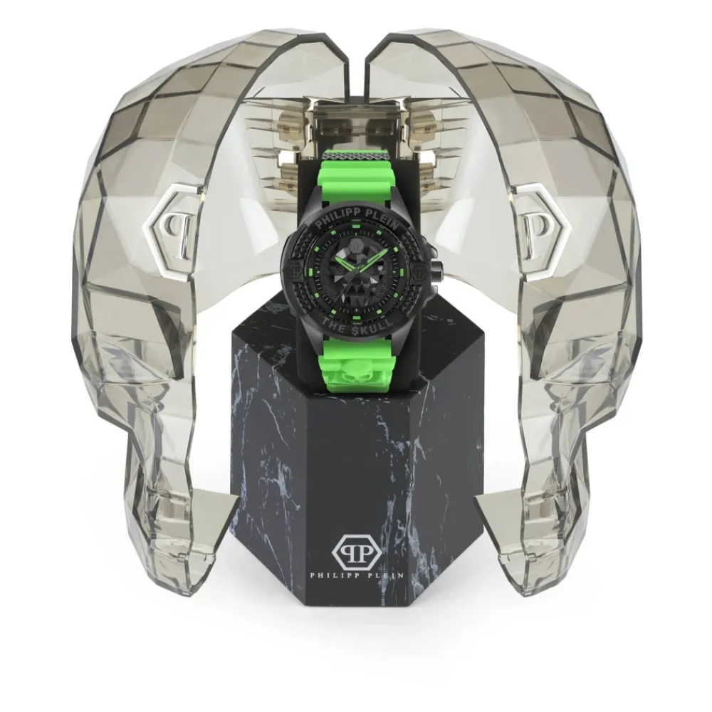 Ure<Philipp Plein Skull Watch med grøn rem Sort