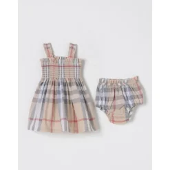 Bodystocking & Sæt^Burberry Smocked Bodice Baby Pige Kjole Beige