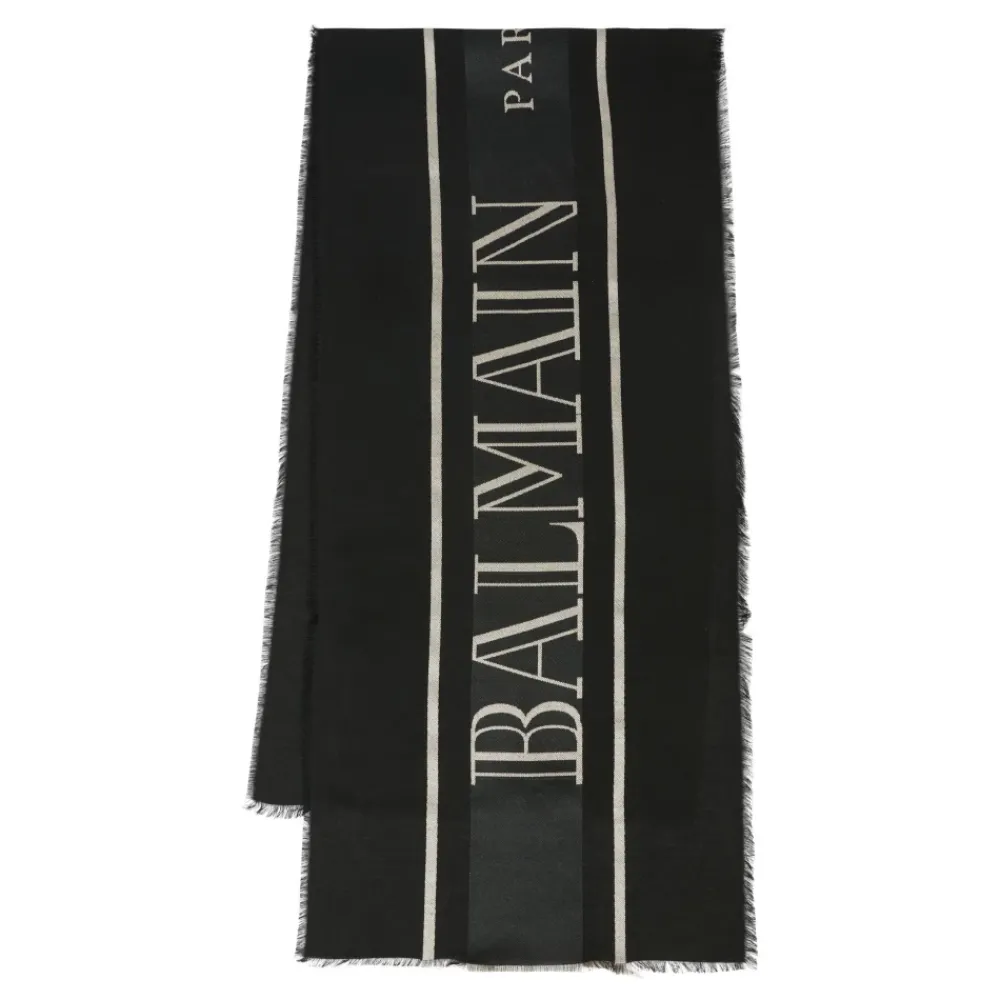 Halstørklæde<Balmain Frynset Tørklæde med Logo Sort