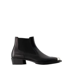 Chelsea Boots|Støvler<Alexander McQueen /Sølv Læder Chelsea Støvler Sort