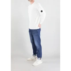 Strik^C.P. Company Tekstureret Bomuld Rundhals Sweater med Linse Lomme Hvid