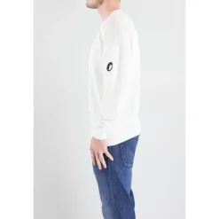 Strik^C.P. Company Tekstureret Bomuld Rundhals Sweater med Linse Lomme Hvid