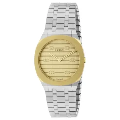 Ure<Gucci Uomo/Donna - YA163502 - 30mm rustfrit stål og 18k dbelagt flerlagskasse, gylden messing urskive med Interlocking G-motiv, armbånd i rustfrit stål med fem led Gul