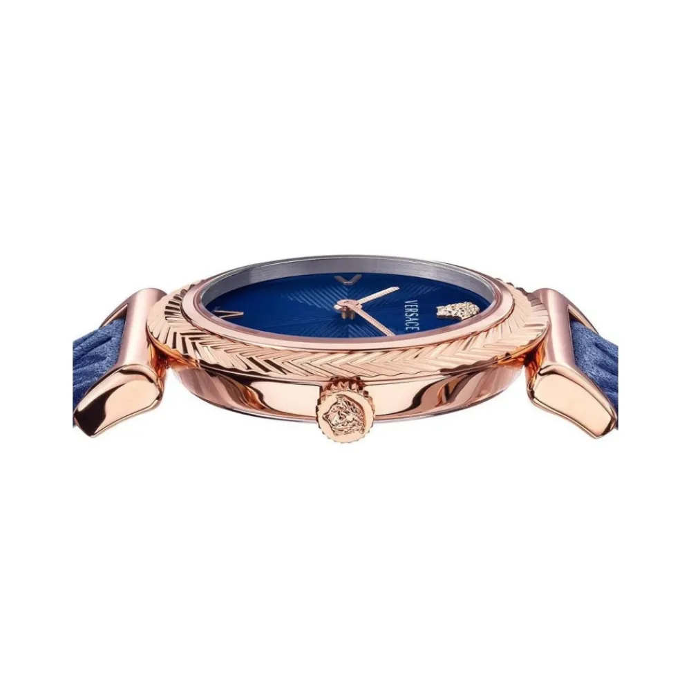 Ure<Versace V-Motif Dameur Rosaguld Blå Læder Pink