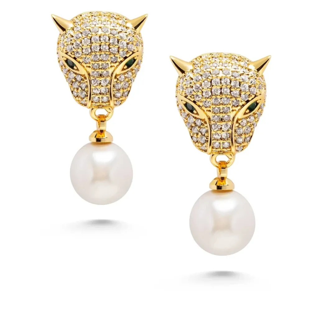 Smykker^Nialaya Women's Panther Earring with Pearl Drop Gul