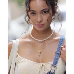Smykker^Nialaya Women's Pearl Choker with Angel Wing Pendant Grå