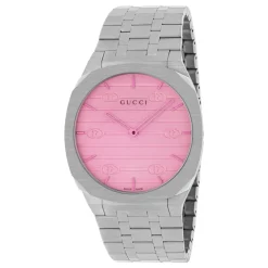 Ure^Gucci YA163410 - 38 mm rustfrit stål flerlagskasse, hvid urskive med Interlocking G-motiv og lyserødt farvet glas, armbånd i rustfrit stål med fem led Grå