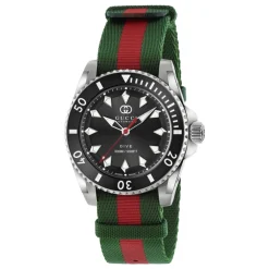 Ure^Gucci YA136364 - Dive 40 mm rustfrit stålkasse, sort urskive, keramisk bezel, nato grøn-rød-grøn rem, selvoptrækkende bevægelse Multifarvet