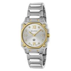 Ure<Gucci YA166503 - G-Flat 24mm rustfrit stål urkasse med 18 kt guldbelagt bezel og skruer; Sølvforzinket skive med romerske indekser kl. 12 og 6 og diamantindekser; Rustfrit stål armbånd Grå