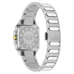 Ure<Gucci YA166503 - G-Flat 24mm rustfrit stål urkasse med 18 kt guldbelagt bezel og skruer; Sølvforzinket skive med romerske indekser kl. 12 og 6 og diamantindekser; Rustfrit stål armbånd Grå