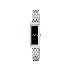 Ure<Gucci YA127504 - G-Frame Stålkasse, sort skive med 3 diamanter, stålarmbånd Grå