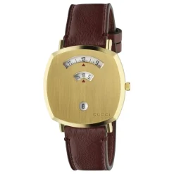 Ure<Gucci YA157411 - Grip t d PVD, 3 vinduer der angiver time, minut & dato, bordeaux læderrem Gul