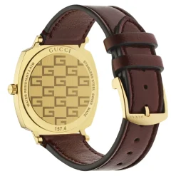 Ure<Gucci YA157411 - Grip t d PVD, 3 vinduer der angiver time, minut & dato, bordeaux læderrem Gul