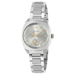 Ure^Gucci YA142510 - Interlocking 29mm rustfrit stålkasse, sølv solbørstet skive med 8 diamanter og rosa guldbelagte detaljer, lille sekundvisning, rustfrit stålarmbånd Grå