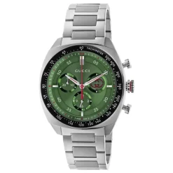 Ure<Gucci YA142318 - Interlocking 41mm rustfrit stål urkasse, t skive, lille sekundviser, sort keramisk bezel med tachymeter indikation, rustfrit stål armbånd Grøn