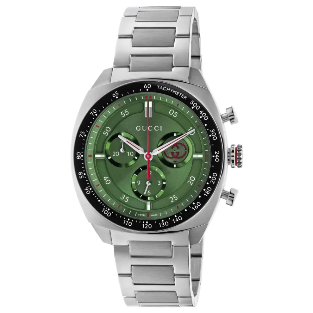 Ure<Gucci YA142318 - Interlocking 41mm rustfrit stål urkasse, t skive, lille sekundviser, sort keramisk bezel med tachymeter indikation, rustfrit stål armbånd Grøn