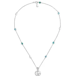 Smykker^Gucci YBB527399001 - Argento 925, Madreperla, Topazio, Resina - Halskæde med Interlocking G vedhæng i blankt ældet sterlingsølv, perlemor, blå topas og turkis harpiks Grøn